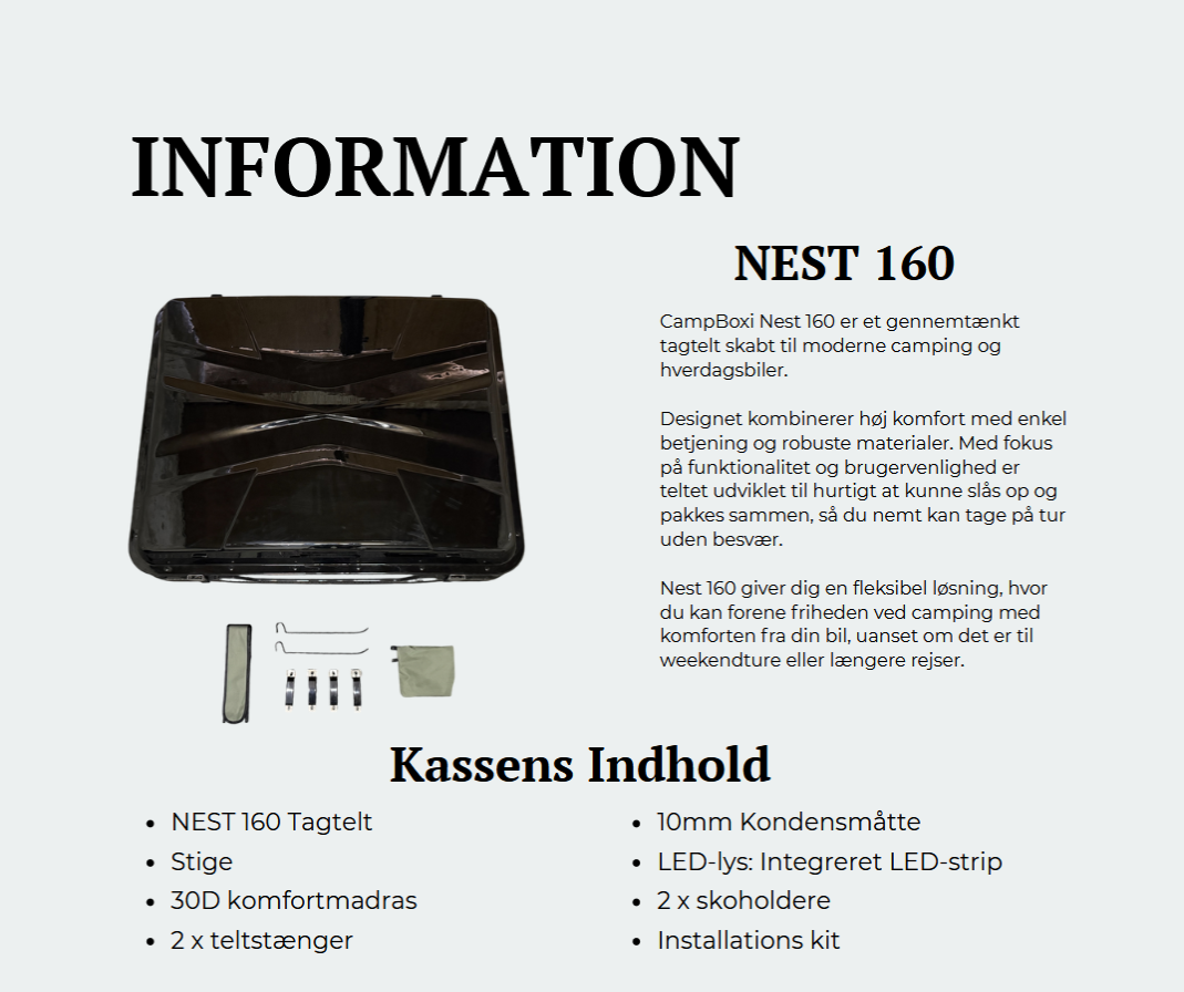 CampBoxi Nest 160 tagtelt - Alt-i-ét tagtelt | Hydraulisk åbning | Integrerede vinduesstænger